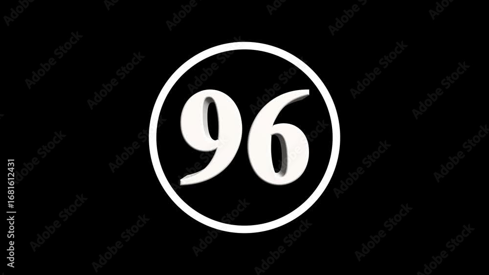 Poster abstract 96 number. educational mathematics 96 text animation on black background. 4k motion graphic
