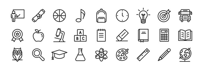 Education line icon set with editable stroke. School icons. Simple outline symbols. Vector Illustration
