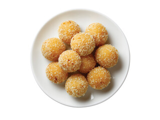 plate of Indian Lado sweets white plate top view isolated on transparent White background png