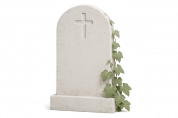 Weathered marble gravestone featuring carved cross, ivy-covered surface, representing eternal memory against transparent backdrop
