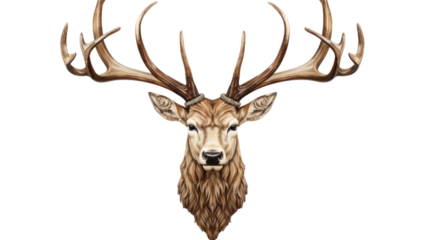 Stag wall mount with lifelike detailing and symmetrical antlers decoration illustration on white background