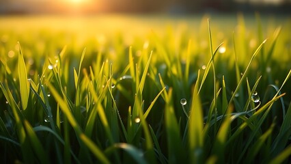 Fototapeta premium A tranquil sunrise over a lush green field, dewdrops glistening like tiny jewels in the morning light.