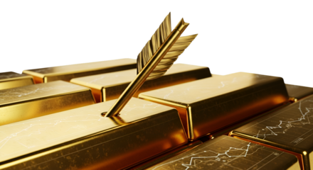 Golden arrow hits the mark on a stack of gold bars, representing financial success.