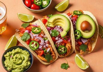 Three chicken tacos with avocado jalapeno onion tomato and cilantro with guacamole and lime