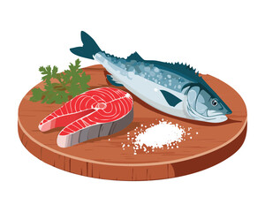 Fresh raw salmon and tuna fish with salt, ready to be prepared and grilled to perfection - Vector Illustration