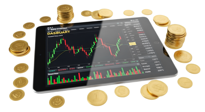 Digital tablet displaying financial charts surrounded by gold coins.