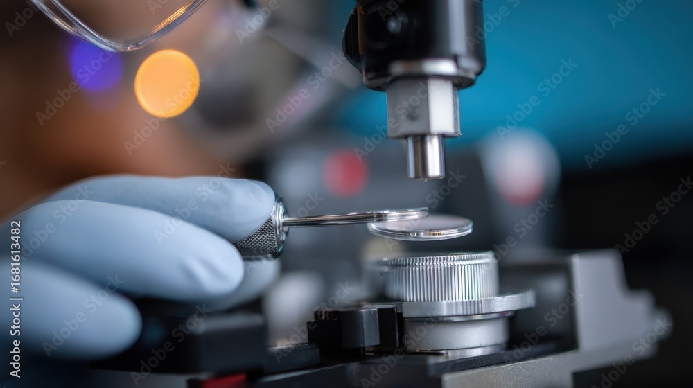 Poster medium shot of a technician using a digital gauge to measure the thickness of an optical lens emphas