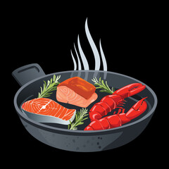 Juicy grilled salmon steak and lobster tail in a cast-iron pan, ready to be served hot - Vector Illustration
