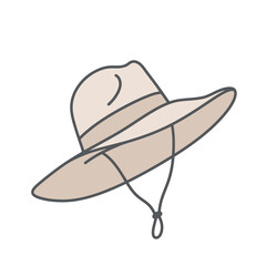 A hand-drawn illustration of a classic sun hat with a chin strap, rendered in a soft beige and white color palette, ideal for summer, travel, and outdoor lifestyle concepts.
