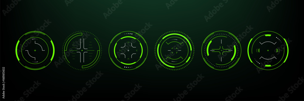 Poster set of six green hud vector scopes on black background. futuristic target sight element for ui and u