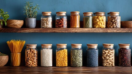 Organized pantry with variety of dry goods in glass jars