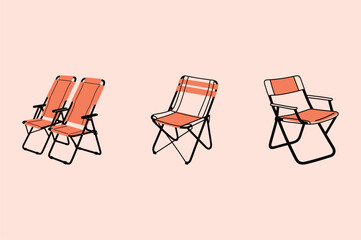 A set of three hand-drawn illustrations of folding camping chairs in a vibrant orange color, perfect for outdoor, recreation, and leisure-themed design projects.