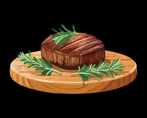 A perfectly cooked filet mignon steak with fresh rosemary on a rustic wooden cutting board - Vector Illustration