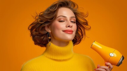 Woman with flowing hair uses bright yellow hair dryer to style her look. Warm orange background creates a lively atmosphere. Concept of beauty, hairdressing, personal care - Powered by Adobe