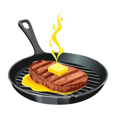 A sizzling steak cooking in a hot cast iron skillet with melting butter, a mouth-watering scene of home cooking - Vector Illustration