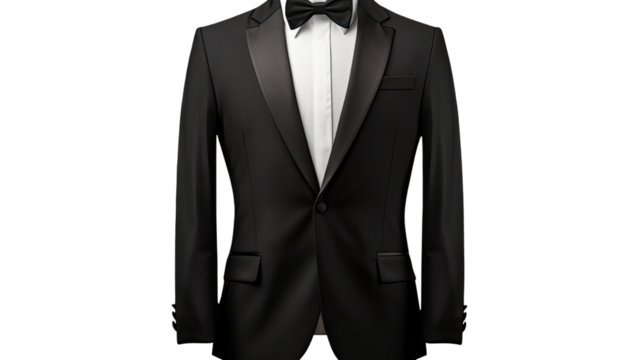Single button black tuxedo suit with sharp peak lapels fashion illustration on white background