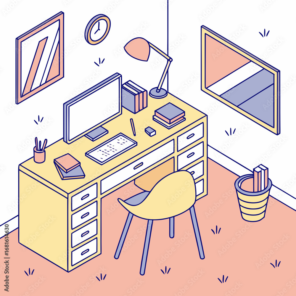 Poster isometric vector illustration of a modern desk setup with computer and chair