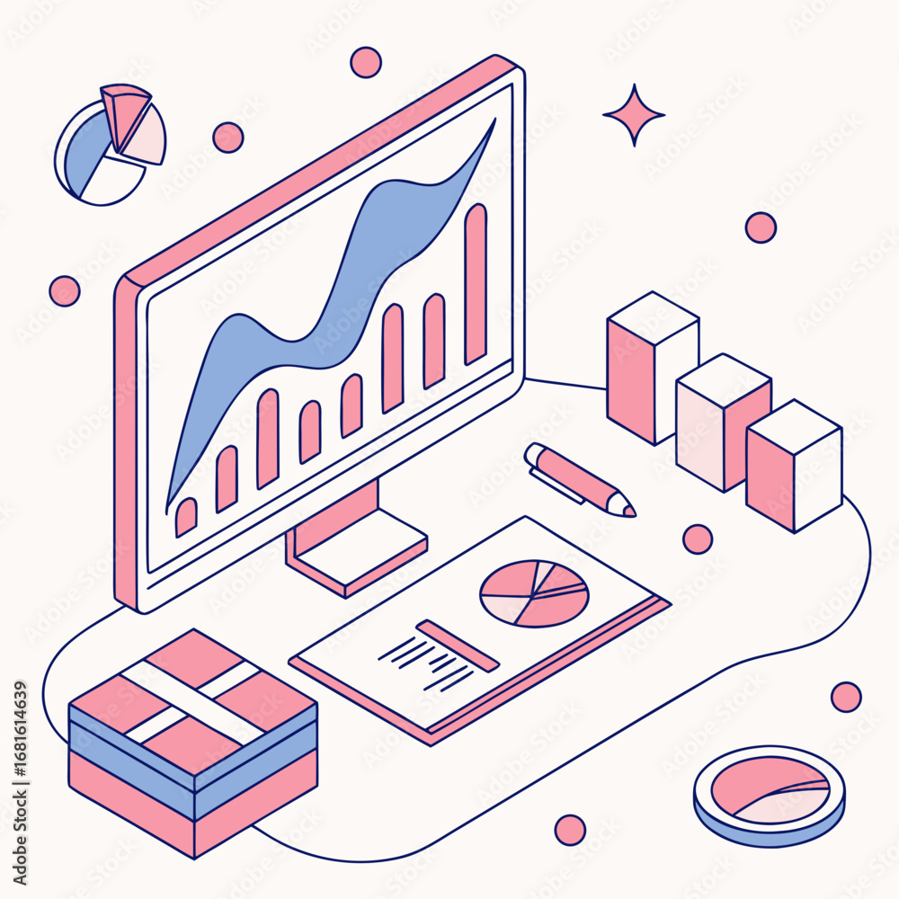 Poster isometric vector illustration of a desktop computer displaying financial charts and data analysis el