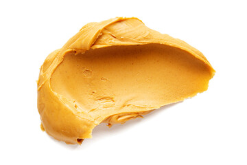 Smear of tasty nut butter isolated on white, top view
