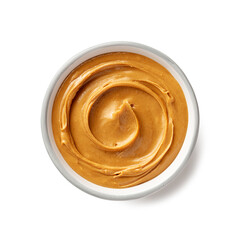 Ceramic bowl with creamy peanut butter isolated on white background