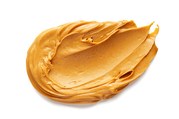 Smear of tasty nut butter isolated on white, top view
