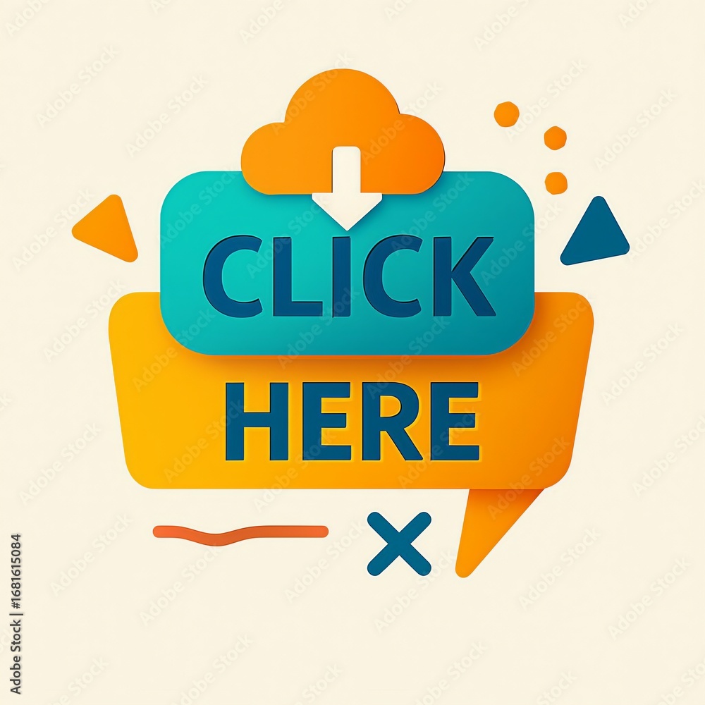 Poster click here button with download icon and abstract shapes