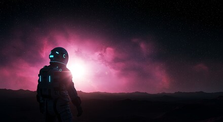 An astronaut contemplates the ethereal beauty of a distant pink nebula on an alien world
