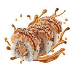 Delicious Sushi Roll with Creative Sauce Splash, PNG clip art element with transparency