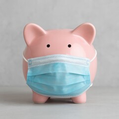Pink piggy bank wearing a surgical face mask illustrating financial health concerns during a