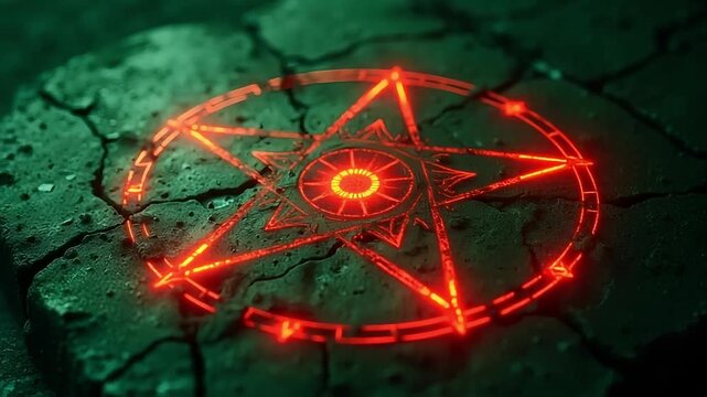Mysterious glowing pentagram ritual on ancient stone, pulsating with dark energy, perfect for fantasy or occult themed projects.