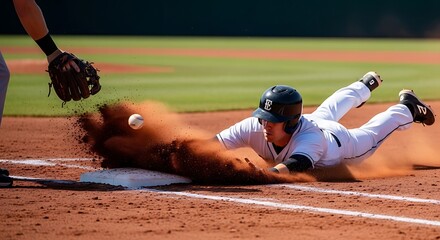 Baseball player slides into home base as dust flies during a close game