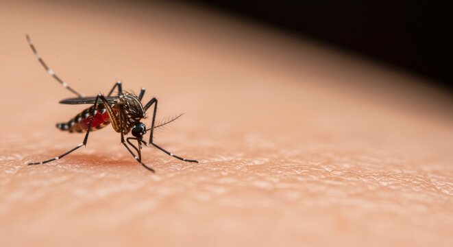 A mosquito with a redfilled abdomen rests on human skin Its striped legs and antennae are visible - Powered by Adobe