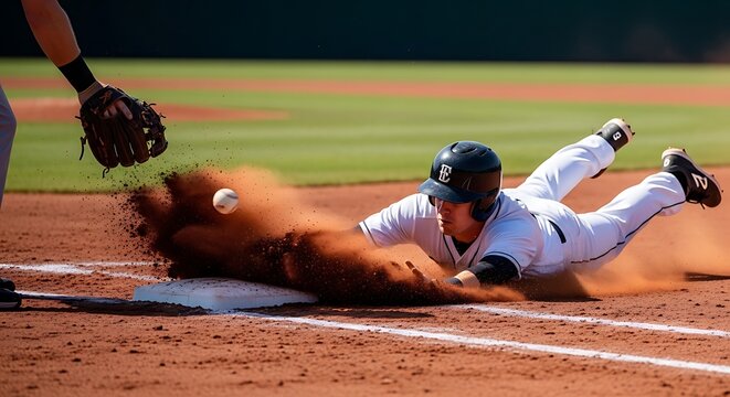 Baseball player slides into home base as dust flies during a close game