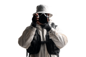 Photographer Wearing Sun Hat and Backpack Taking Picture with Camera in Outdoor Setting