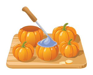 A group of whole and halved pumpkins arranged with a knife and wooden board, a rustic autumn cooking scene - Vector Illustration