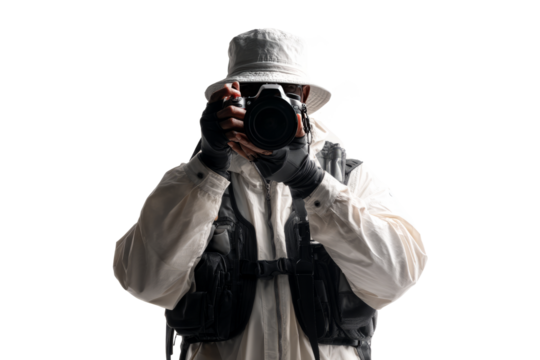 Photographer Wearing Sun Hat and Backpack Taking Picture with Camera in Outdoor Setting