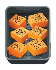 A baking dish filled with roasted pumpkin pieces topped with sesame seeds, a savory and healthy autumn side dish - Vector Illustration