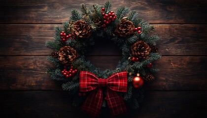 Christmas wreath with pine cones red berries and plaid bow on wood festive