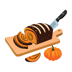 A delicious pumpkin roll cake on a wooden cutting board with a knife, a rich and classic autumn dessert - Vector Illustration