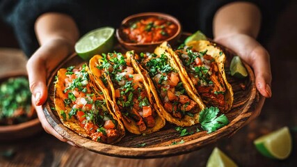 Woman's hands holding hot tasty tacos al pastor on a wooden plate. Mexican cuisine concept, traditional food with meat