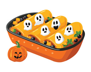 A Halloween-themed casserole dish with cute ghost-shaped food and bats, a fun and festive holiday meal - Vector Illustration