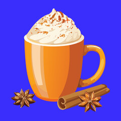 A steaming hot mug of pumpkin spice latte with whipped cream and a cinnamon stick, a cozy autumn comfort drink - Vector Illustration