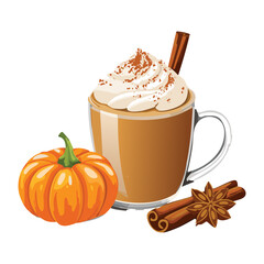 A steaming hot mug of pumpkin spice latte topped with whipped cream and cinnamon sticks, a classic autumn beverage - Vector Illustration