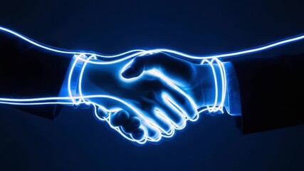 A Symbolic Representation of Unity and Partnership Captured in Brilliant Neon Lights During a Handshake, Emphasizing Connection and Collaboration in a Digital Age