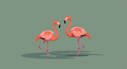 Two pink flamingos on a gray-green background standing close together
