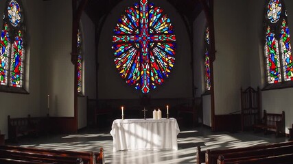 The inside of place of worship and its sacred table, brightly lit church interior illuminated by sunbeams passing through stained glass window depicting crucifix, lighting the altar, computer-generat - Powered by Adobe