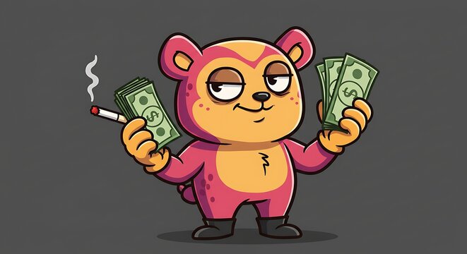 Cartoon bear character with money and cigarette displaying wealth and questionable choices