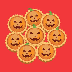 Adorable pumpkin face pies for Halloween, on a red background - Vector Illustration