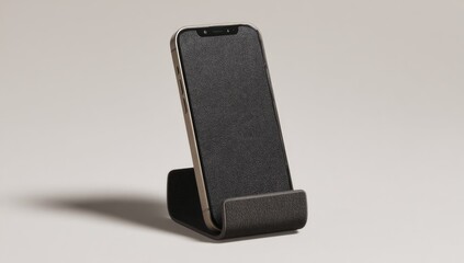 Modern smartphone on a textured stand.  Dark gray/charcoal phone,  minimalist stand.  Blank screen.  Studio shot
