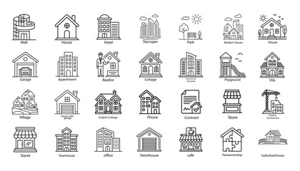 Real Estate Vector Icon Set House, Apartment, Building, Realtor, and Property Development Symbols